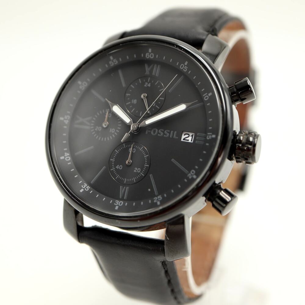 Fossil Rhett 42mm Black Stealth Chronograph Watch Leather BQ1703 w New Battery